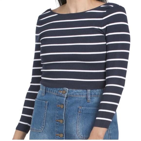 ZARA Nautical Sailor Striped Navy Blue Long Sleeve Top S - Picture 1 of 8